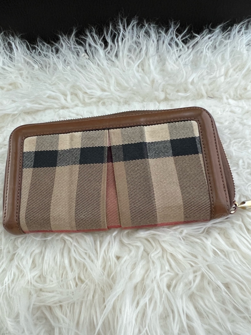 Burberry Beige Brown Plaid Zip-Around Wallet